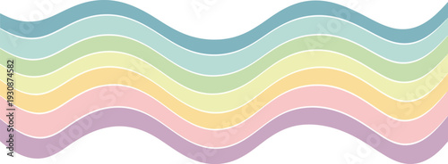 Seamless horizontal wave pattern composed of soft, overlapping pastel rainbow stripes creating a vibrant textured.