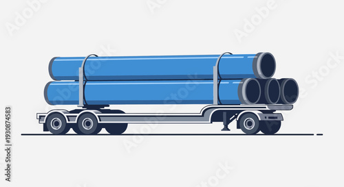 Industrial Transport Of Blue Pipes On A Flatbed Trailer