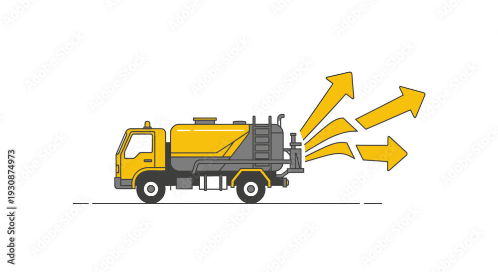 Naklejka premium Industrial Vacuum Truck Discharging Emitting Arrows Vector Graphic