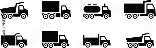 Black truck icons and industrial vehicle silhouettes set including delivery vans dump trucks tanker and freight transport for logistics shipping and commercial construction graphics