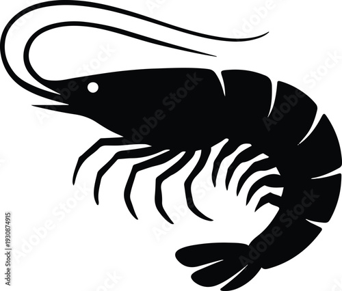 Black Silhouette of a Prawn with Curved Antennae on White Background