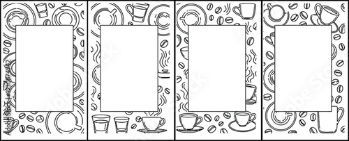Black and white border designs feature coffee cups, beans, and saucers suitable for cafe menu templates or branding.