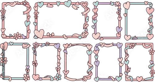 Ten pastel-colored, decorative rectangular frames with hearts and ribbons provide excellent copy space for various.