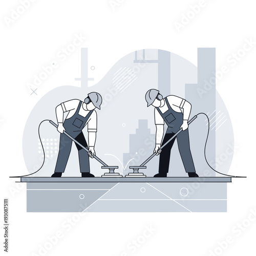 Industrial Workers Performing Precision Polishing Operations With Specialized Tools On Site