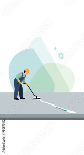 Industrial Worker Applies Coating Material With Roller Tool on Construction Site