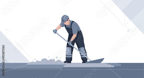 Industrial Worker Cleaning Ground with Shovel