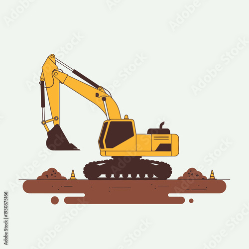 Industrial Yellow Excavator Machine Digging Earth Construction Scene