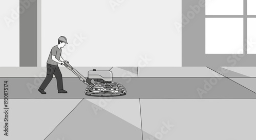 Industrial Worker Polishing Concrete Floor Surface With Rotary Trowel Machine