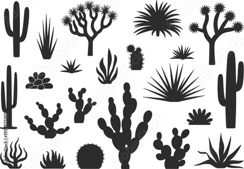 Collection of black silhouettes featuring farm animals wildlife marine life desert plants business people and howling wolf icons for professional design