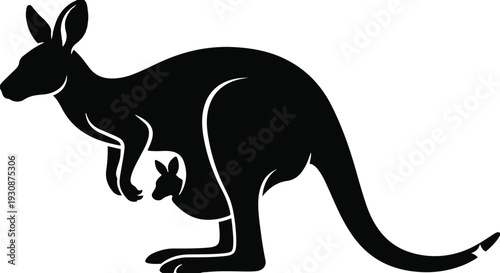 Mother Kangaroo with Joey in Pouch Silhouette Vector Illustration