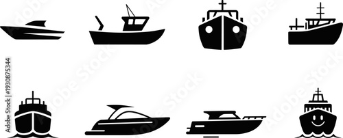Set of black maritime boat icons and ship silhouettes including fishing vessels luxury yachts cruise liners and cargo watercraft for nautical transport design graphics