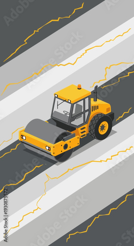 Isometric Yellow Steamroller Operating on a Road Construction Site