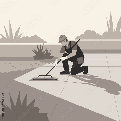 Janitor Cleaning Outdoor Pavement with Mop Under Bright Sunlight