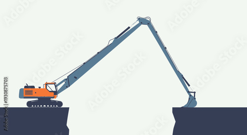 Long Reach Excavator Digging From A Cliff Edge Over A Deep Chasm