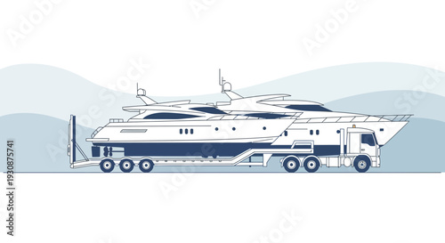 Luxury Yacht Transported Via Specialized Truck On Blue Abstract Background