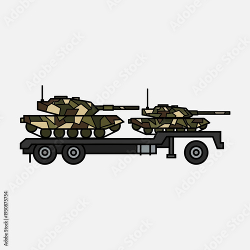 Military Tanks Transported On Flatbed Truck In Camouflage