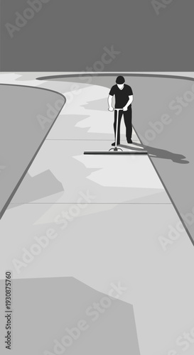 Man Leveling Concrete With Screed Tool Outdoor Construction Process