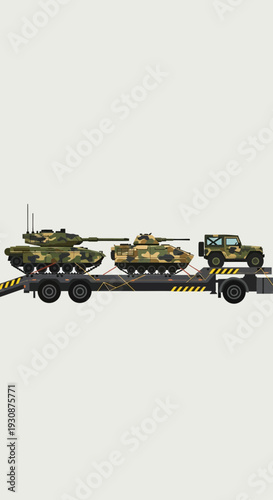 Military Transport Heavy Machinery Logistics Army Vehicles On Flatbed Truck