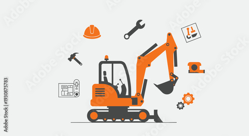 Mini Excavator And Construction Tools Flat Vector Art Illustration