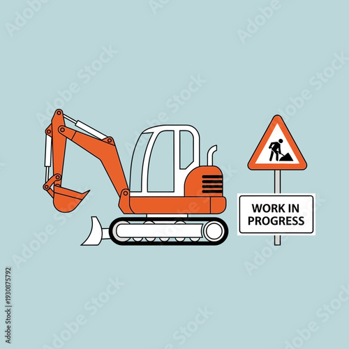 Mini Excavator And Construction Sign On Light Blue Background
