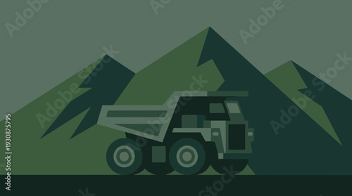 Massive Mining Truck Hauling Load Through Rugged Mountainous Terrain