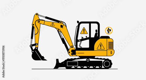Mini Excavator Machine On White Background Construction Equipment Flat Design Style