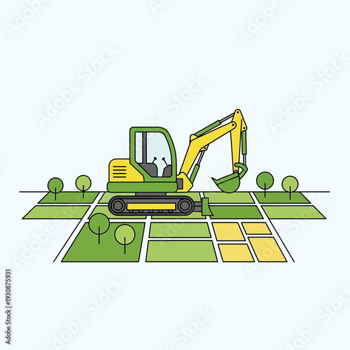 Mini Excavator Working On Green Agricultural Fields With Trees