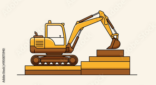 Miniature Excavator Working On Construction Site Illustration