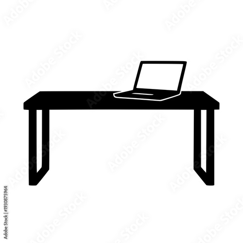 Laptop on table top black white icon 
