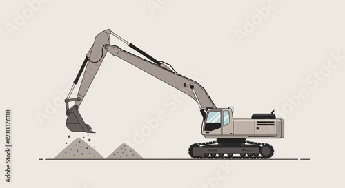 Minimalist Excavator Working On Construction Site Digging Earth