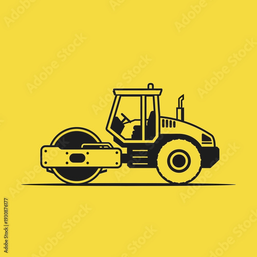 Minimalist Industrial Road Roller Machine Icon on Yellow Background