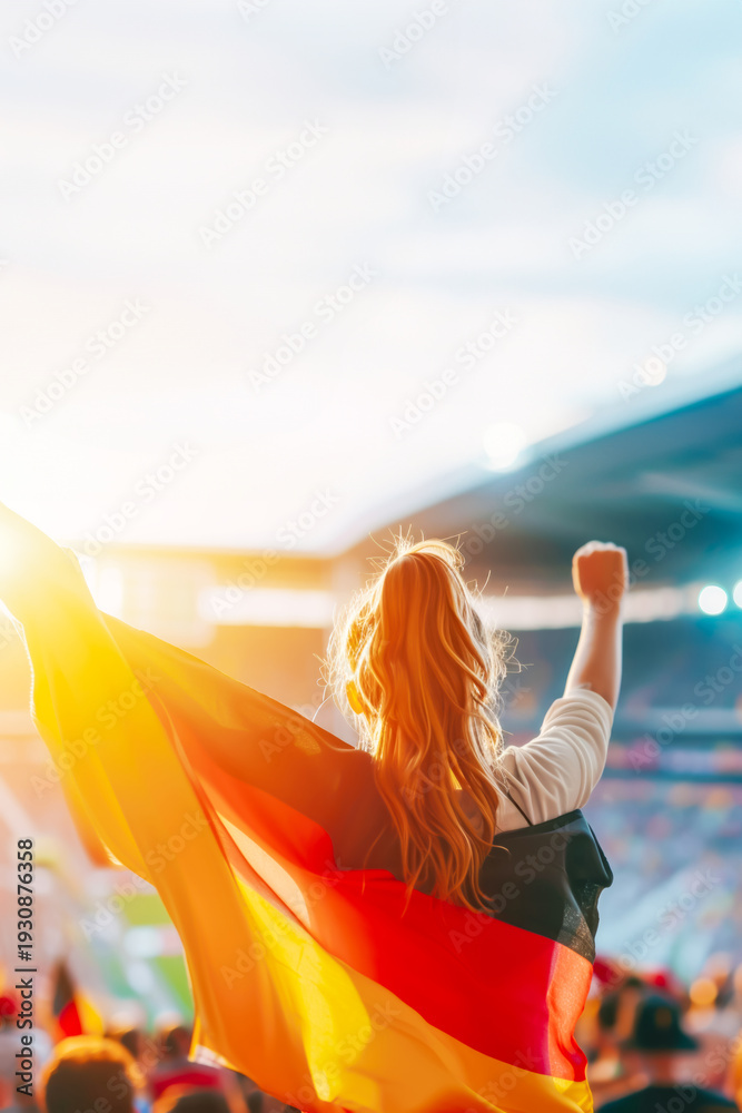 Obraz premium Young Germany woman fan stands in stadium, arms raised high, holding Germany flag, embodying national pride and sports enthusiasm under sunset skies of eventful game day. Concept of sport competitions