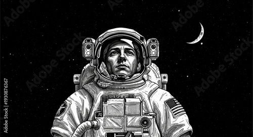 Astronaut in Space Suit with Moon and Stars.