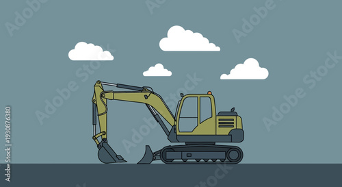 Minimalist Yellow Excavator Machine Illustration On A Cloudy Sky Background