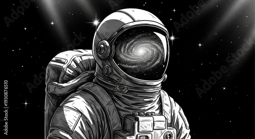 Astronaut with Galaxy in Helmet Exploring Space.