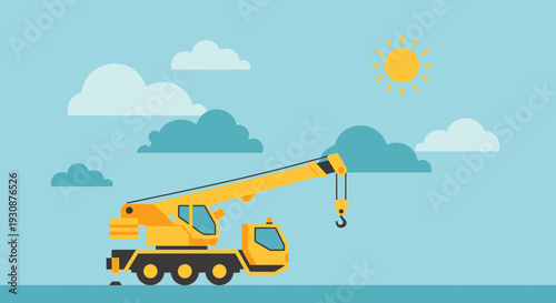 Mobile Construction Crane Under Sunny Sky with Clouds Vector Art