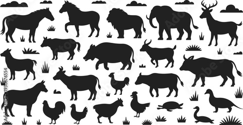 Large collection of black silhouettes featuring farm animals wildlife marine life desert plants business people bats and howling wolf icons
