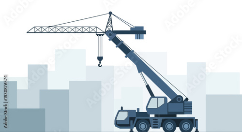 Mobile Crane Constructing Urban Structures With Abstract Skyline Backdrop