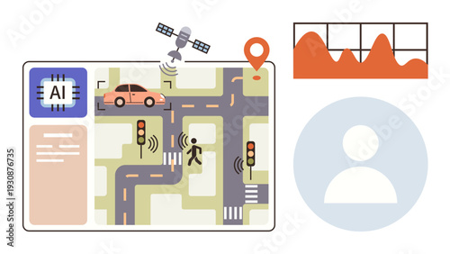 Smart cities, transportation innovation, AI technology, autonomous systems, geolocation services, data visualization. Diagram of AI-controlled traffic, vehicle automation, and performance graphs