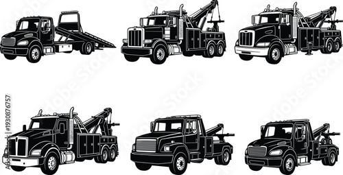 Black and White Tow Truck Vector Set, Heavy Duty Wrecker and Rollback Towing Vehicles Collection Isolated on White Background