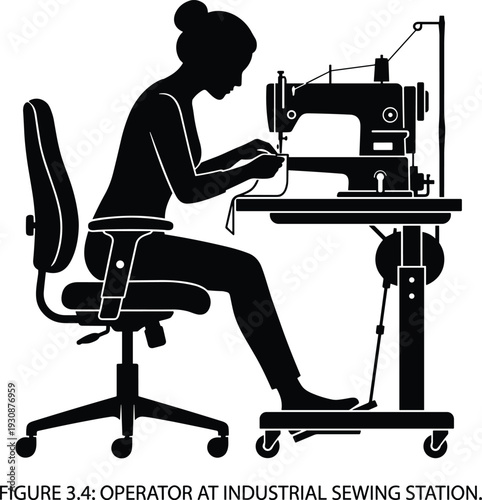 Female tailor operating industrial sewing machine, garment factory worker silhouette isolated on white background for textile production and fashion design