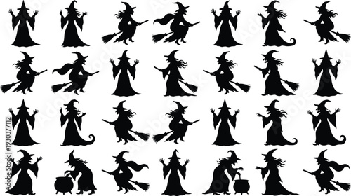 Halloween witch silhouette collection, spooky magical characters with broom and cauldron isolated on white background for festive design