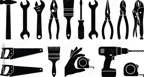 Hand tools silhouette icon set, construction and repair equipment collection isolated on white background for workshop, DIY and industrial design