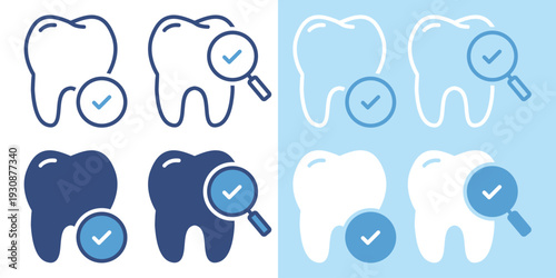 Tooth with Magnifying Glass and Checklist Icon. Dental Examination and Oral Health Inspection Sign Symbol. Vector Illustration