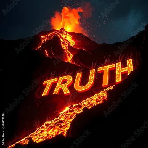 Molten Lava Flowing in Volcanic Landscape Forming the Word Truth