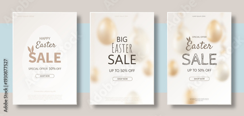 Happy easter sale banner with blurred Easter eggs. Three posters with the text of the Easter sale on a gray-blue background. Vector EPS 10.