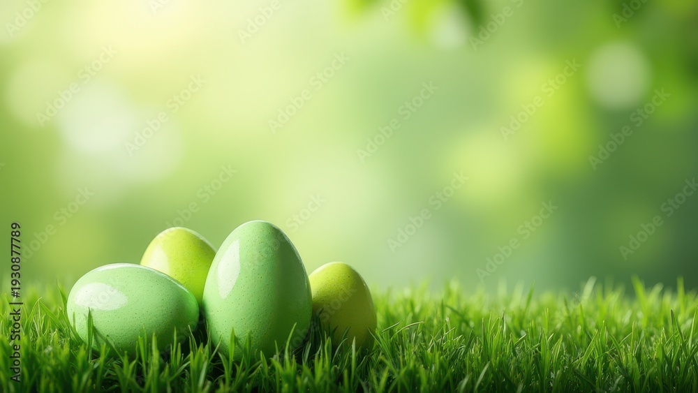 Fototapeta premium green easter eggs arranged on fresh grass background spring festive composition with natural texture and soft light concept of advertising branding retail