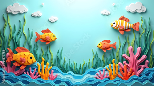 Colorful paper-crafted fish swim among vibrant coral and seaweed in a whimsical underwater scene.