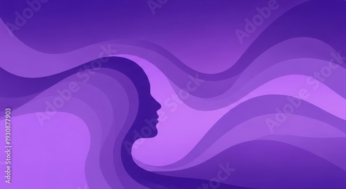 Abstract silhouette of a profile merging with fluid waves in purple tones