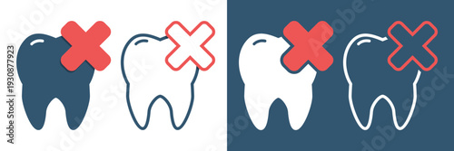 Tooth with Cross X Icon. Dental Extraction and Bad Tooth Removal. Vector Illustration